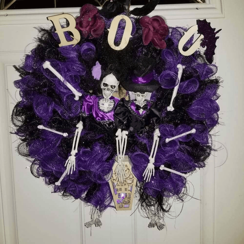 Handmade Halloween Mr and Mrs skeleton wreath