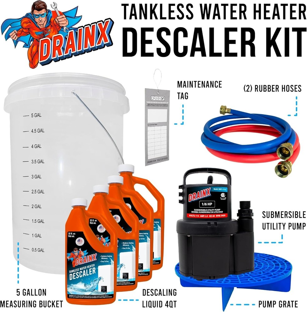 DrainX Tankless Water Heater Flush Kit Includes 4 Quarts Descaling Solution