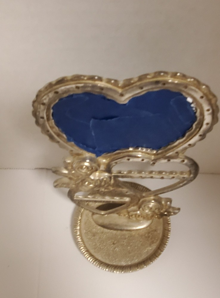 Vntg silver plate hearts and roses mini vanity/earring tree with mirror.