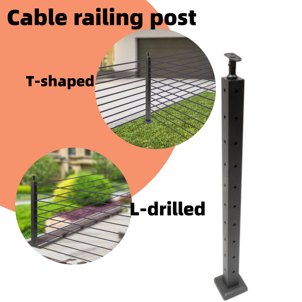 Cable Railing Post Deck Railing 36''x2''x2'' Black Post W/ Pre-Drilled Holes