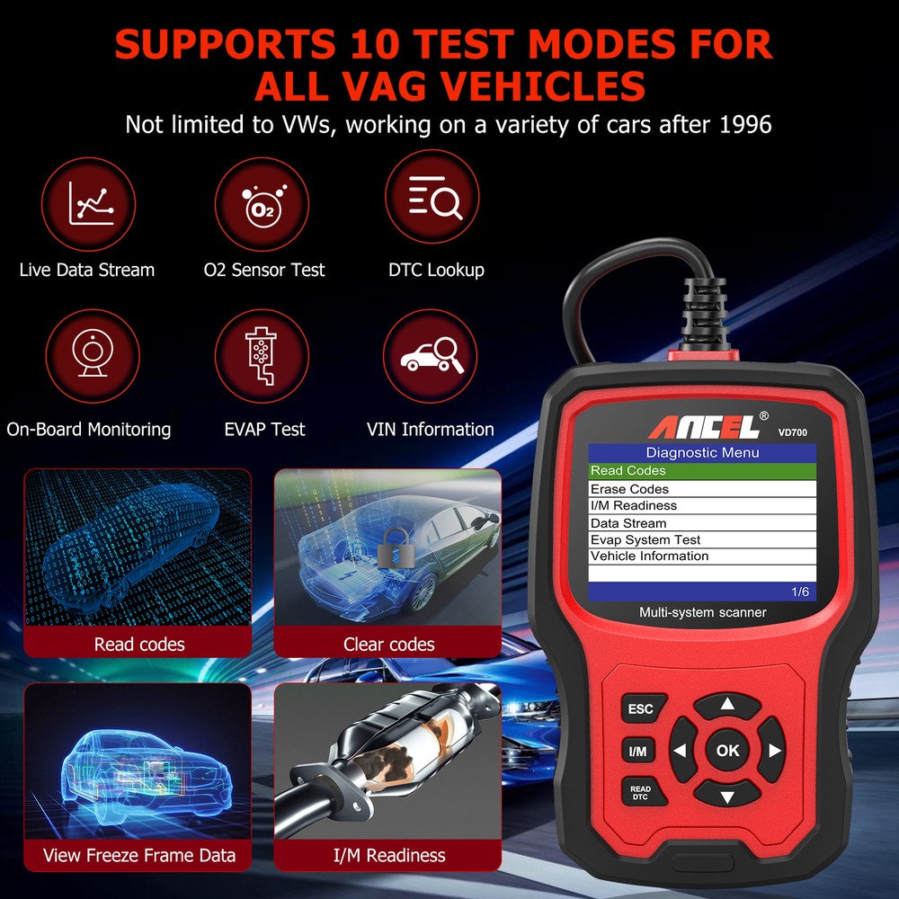 Ancel VD700 All System Diagnostic ABS SRS DPF Oil Car OBD2 Scanner Code Reader