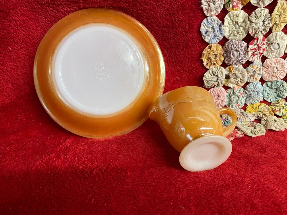 Vintage Fire King Peach Lusterware Glass Creamer & Bowl Laurel Leaf Pattern
