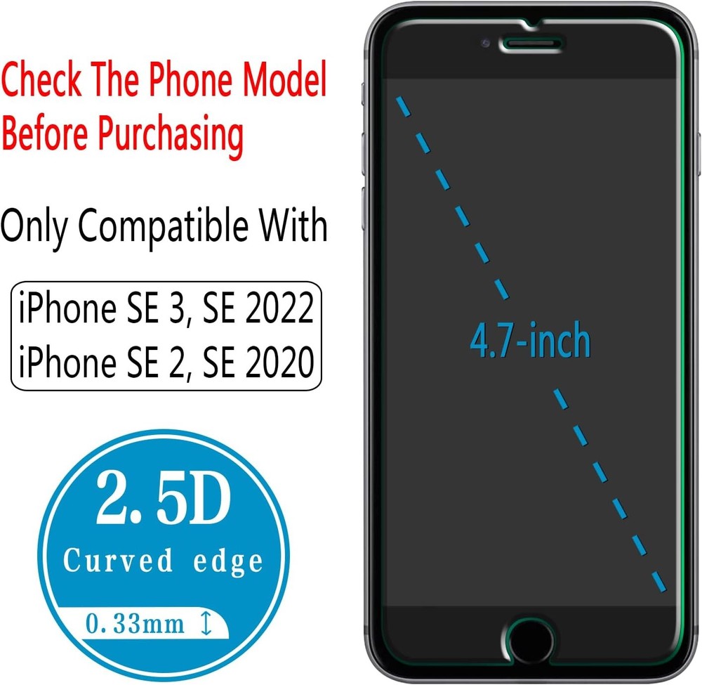 2 Pack Screen Protector for iPhone SE 3, SE 2022, iPhone SE 2, SE 2020 Temper...