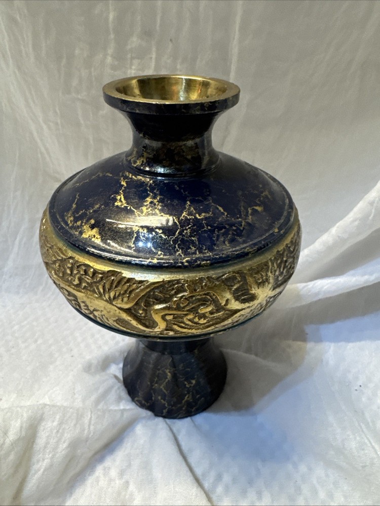 Solid Brass Vase With Blue Marbled Enamel Vintage Cranes Asian Decor