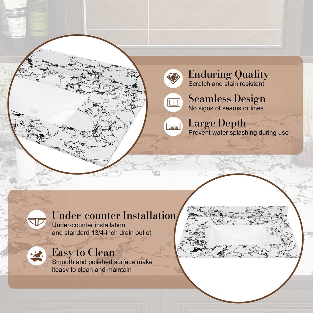 37"x22"Bathroom Vanity Top, W/Undermount Ceramic Sink and Backsplash, artificial
