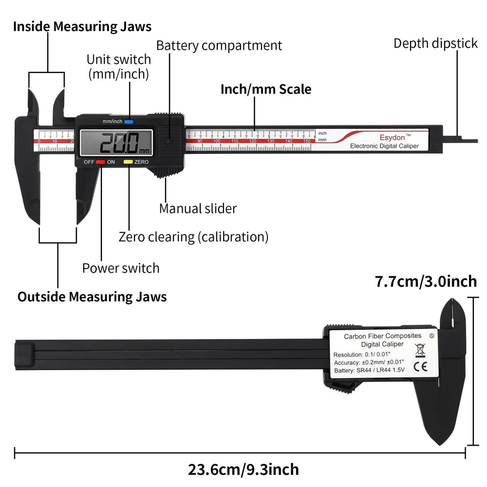 Esydon Upgraded 6" Digital Caliper Electronic Ruler Tool w/Large LCD