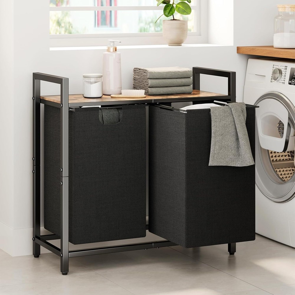 Laundry Basket Organizer, Hamper with Shelf Large, Rustic Brown、Black