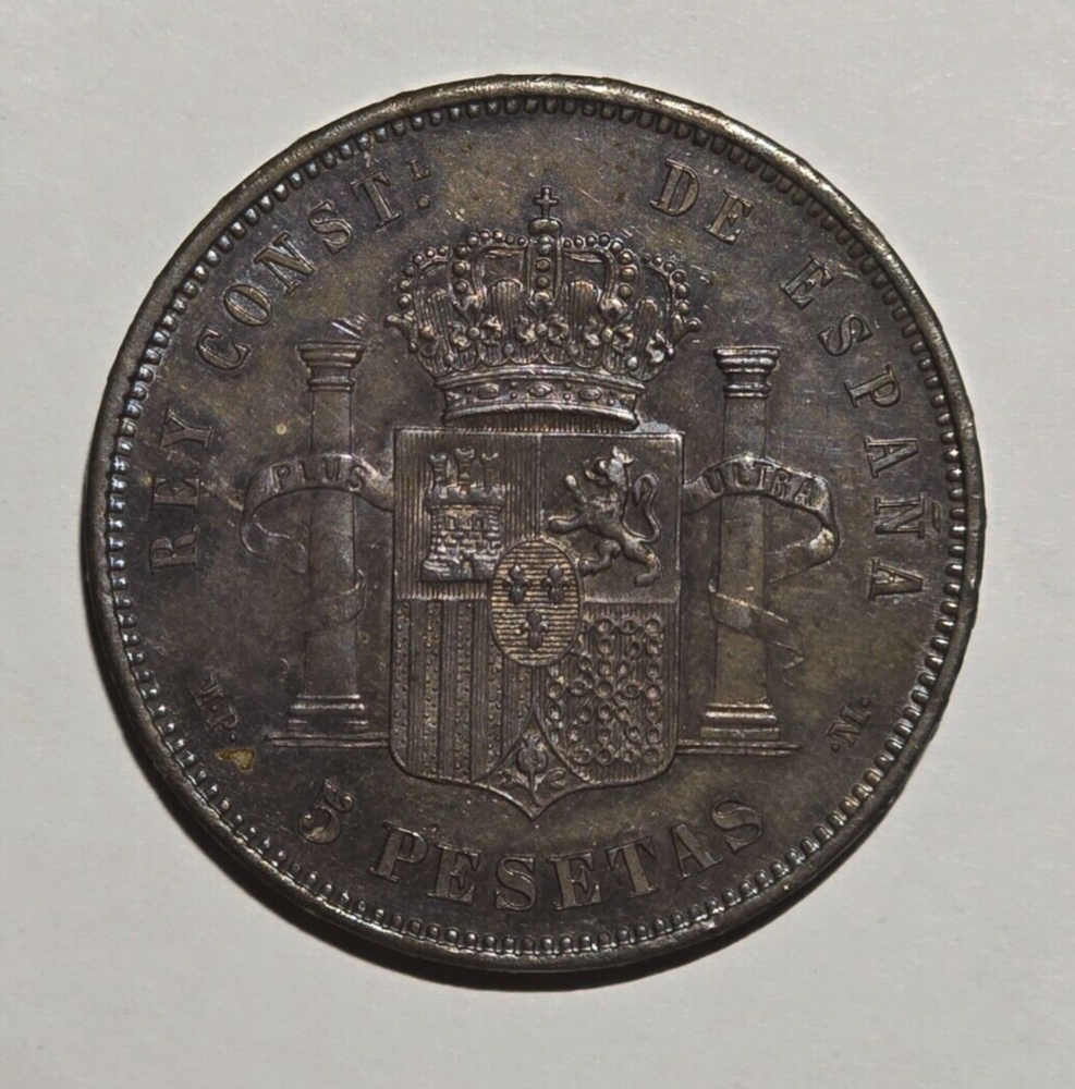 1889 Spain 5 Pesetas UNC Details Cleaned