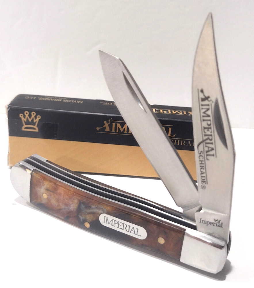Imperial Schrade Amber Celluloid 2 Blade Medium Trapper Folding Pocket Knife