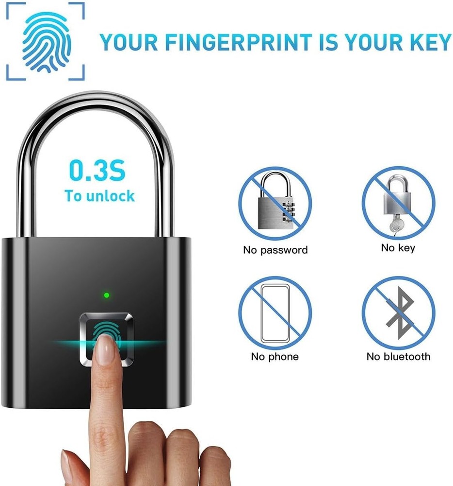 Waterproof Smart Fingerprint Door Lock Keyless Padlock Security USB Rechargeable