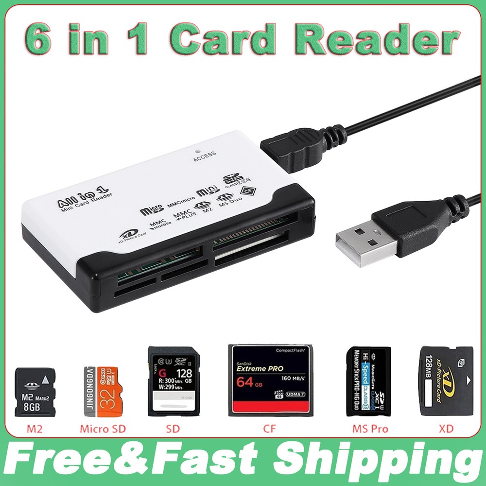 6 In 1 USB 2.0 Memory Card Reader Adapter For CF/TF/SD/Micro SD/XD/M2/MS Card