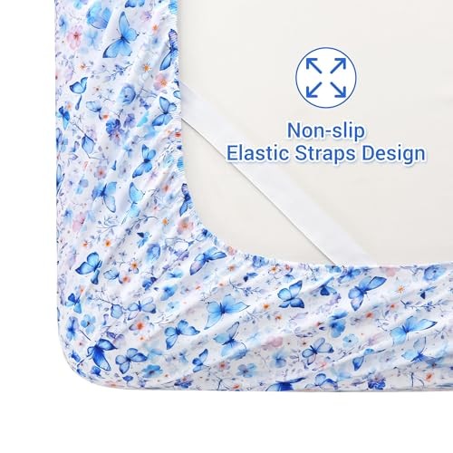 Floral Sheets, Microfiber Blue Flower Printed Fitted Full Blue Butterfly
