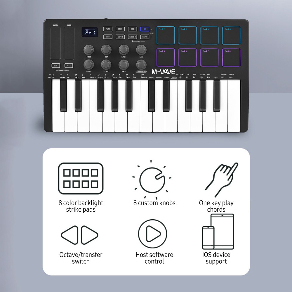 M-VAVE 25-Key USB MIDI Keyboard Controller with 8 Backlit Drum Pads 8 Knobs J0H1
