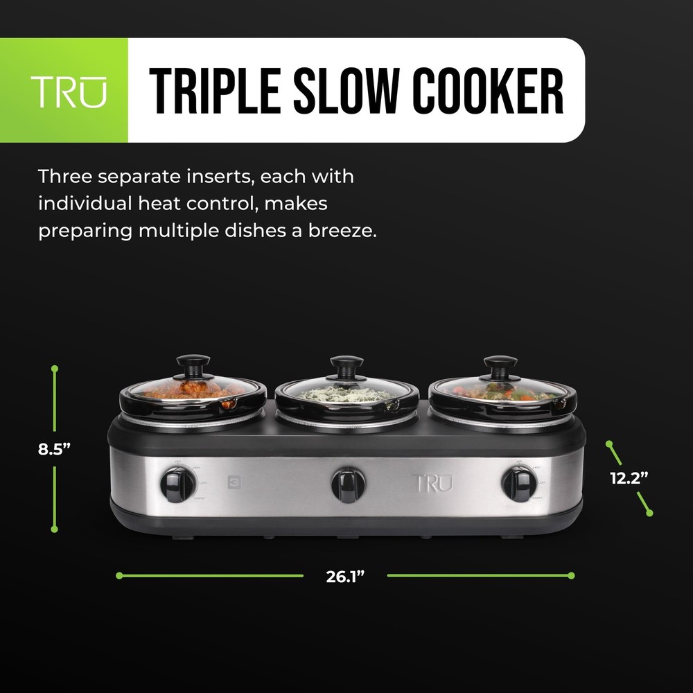 TRU Triple Buffet Server - Three 2.5 Quart Removable Crock Inserts - Slow Cooker