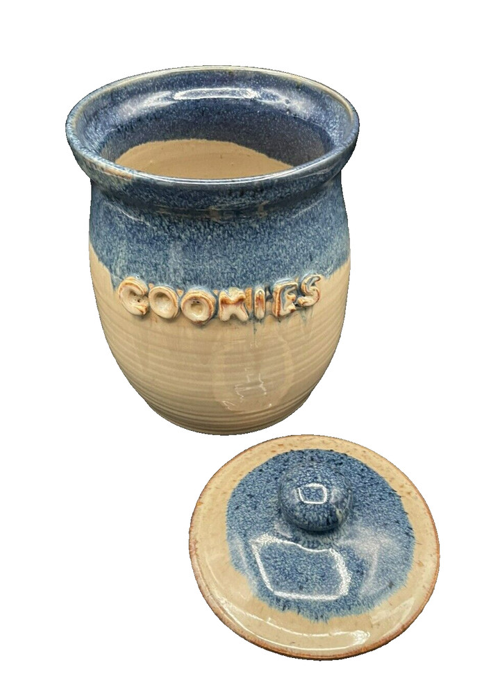 2008 Earth & Fire Pottery Canada Blue Beige Glazed Cookie Jar
