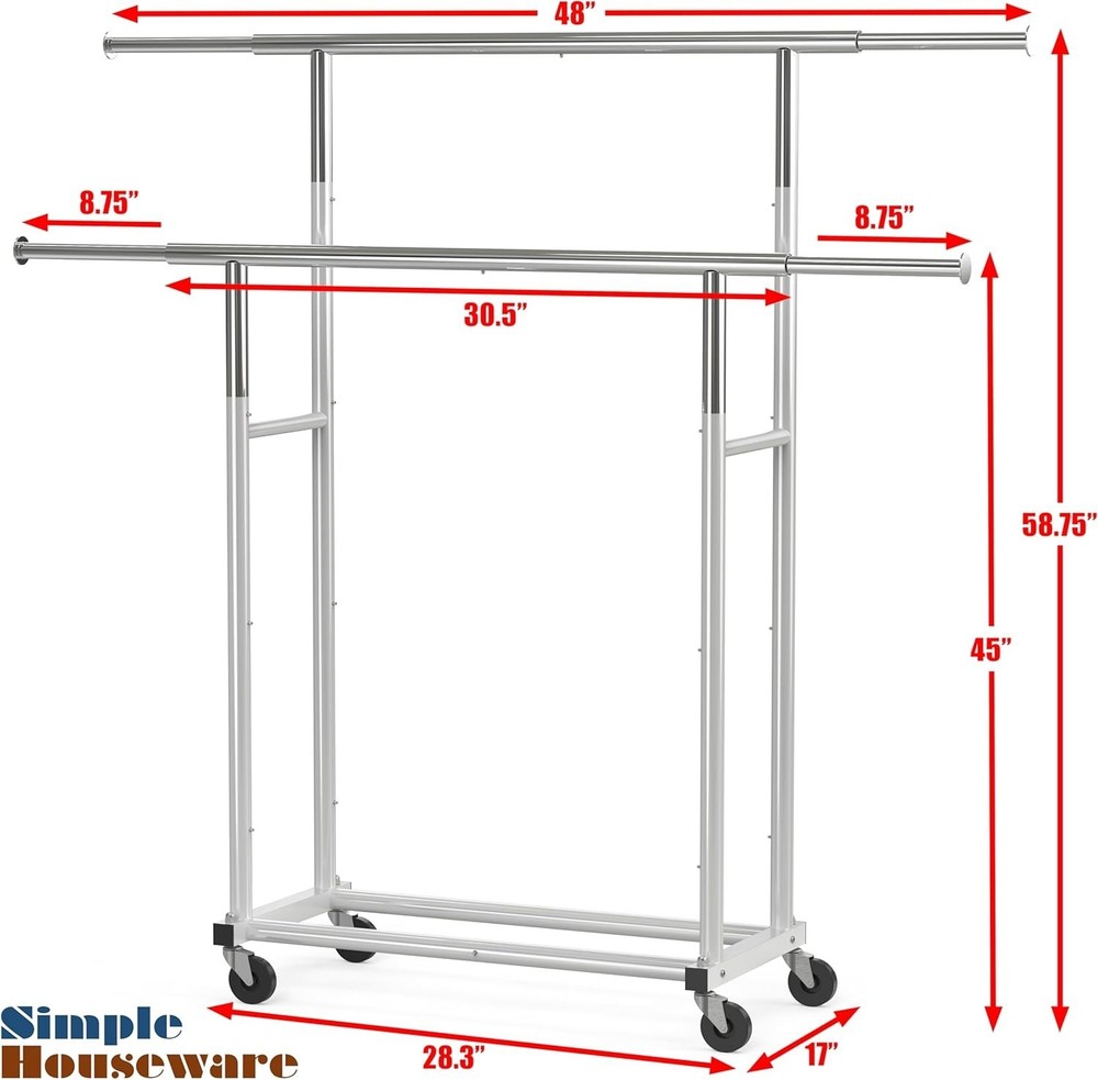 Standard Double Rod Garment Rack, Silver