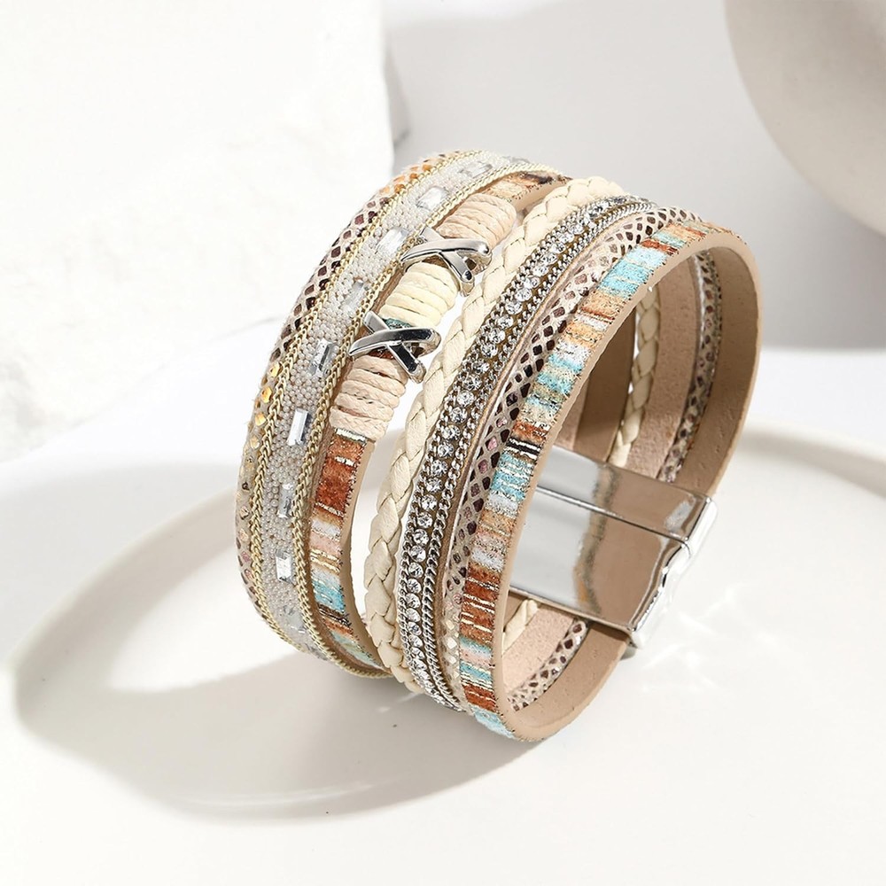 Boho Leather Wrap Bracelets for Women Multi-Layer Bracelets with Strong Clasp...