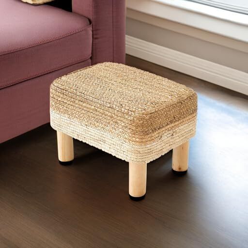 Rectangular Footstool Seagrass Footstool, Hand-Woven Dressing Stool, White