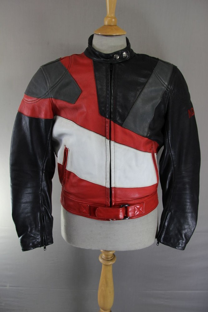 MQP BLACK, RED, WHITE & GREY LEATHER BIKER JACKET WITH BACK PROTECTOR: 42 INCHES