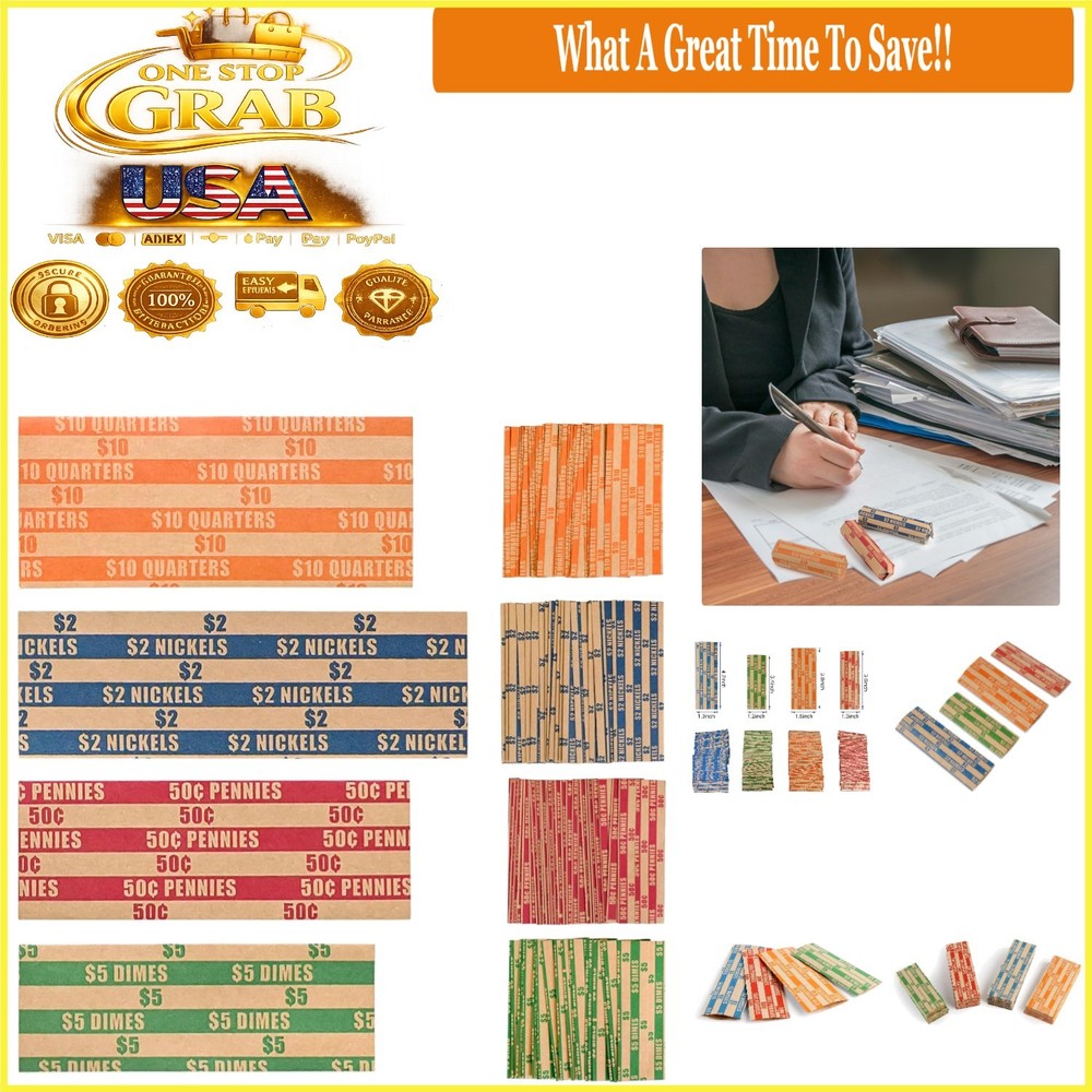 100 Assorted Coin Roll Wrappers for Quarters Dimes Nickels Pennies Bundle