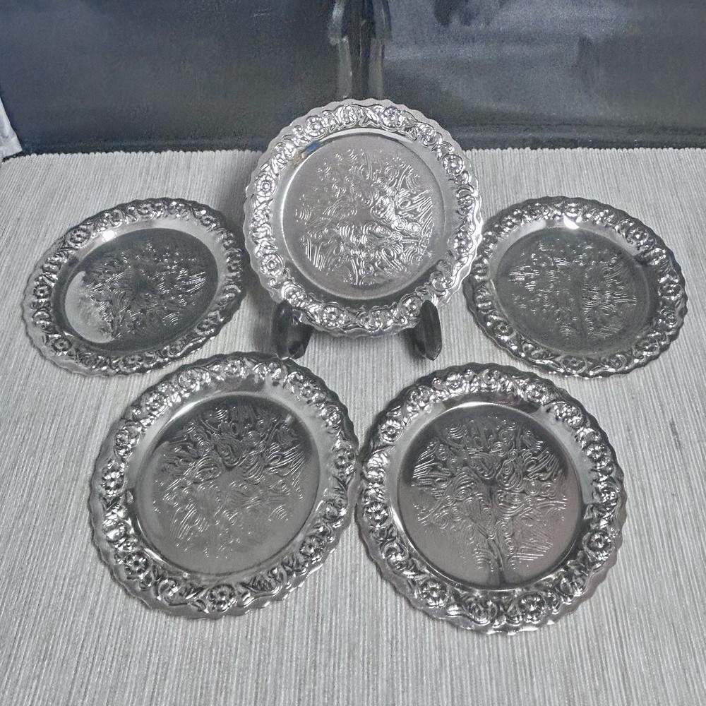 Silver Plated 5 Piece Coaster Set Engraved Floral Pattern Scolloped Edge England