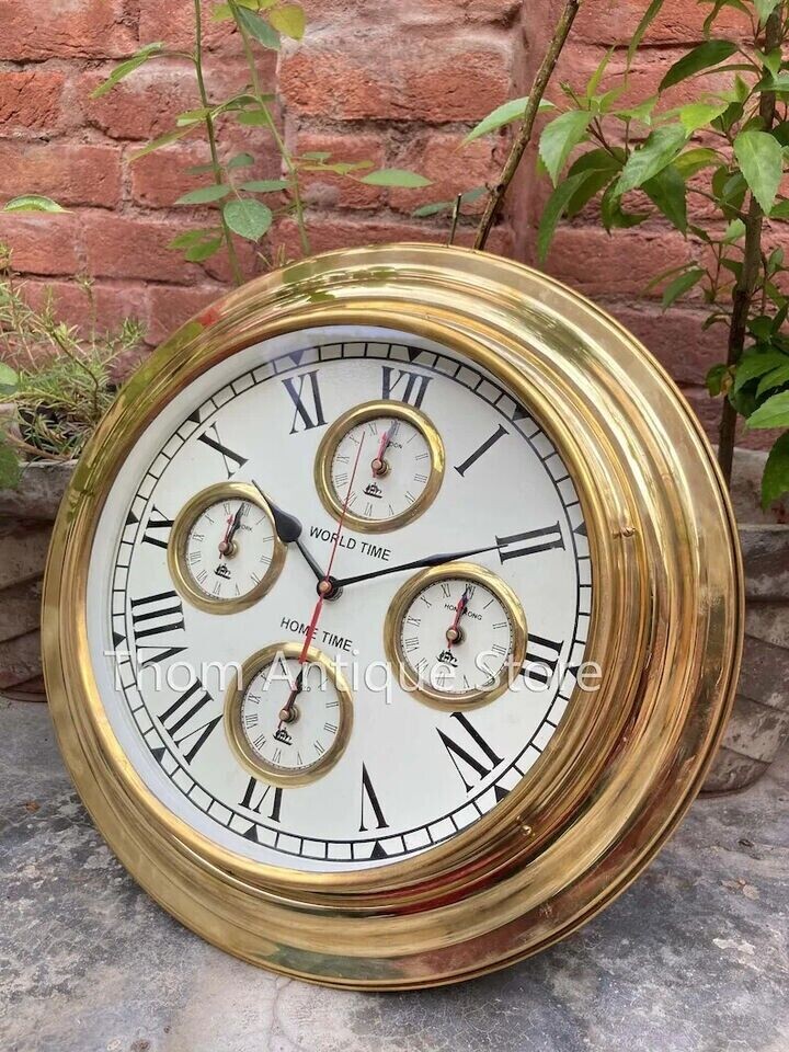 Nautical Solid Brass World Time 17" Nautical Ship's Wall Clock / Home Decor