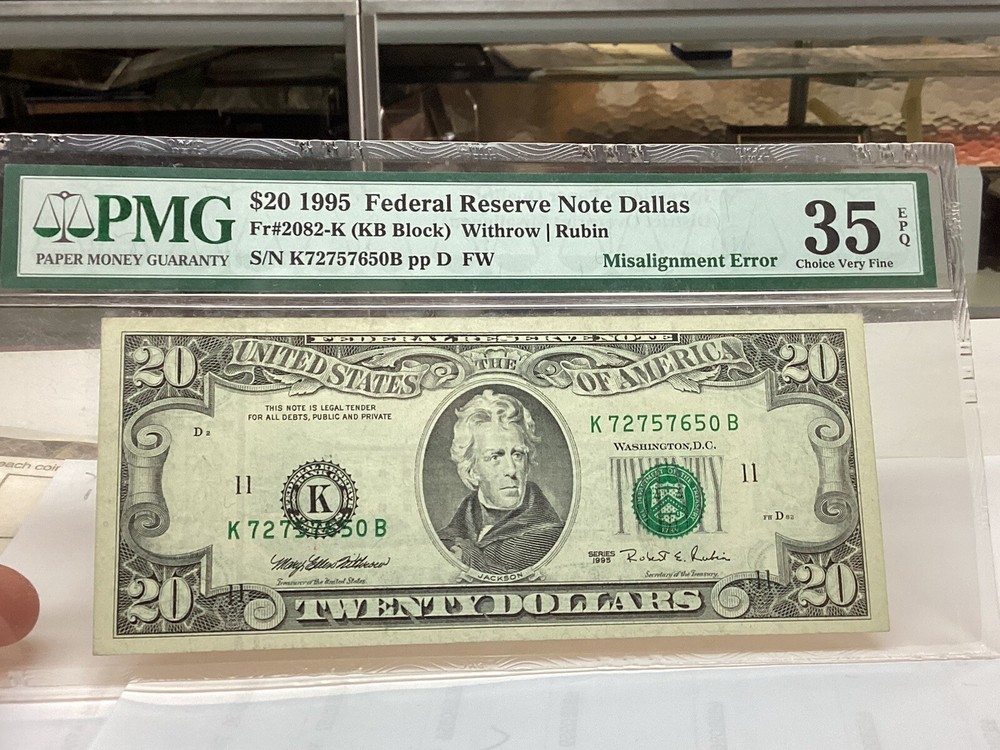 $20 1995 PMG 35 EPQ Misalignment Error District Overprint Fr#2082-K