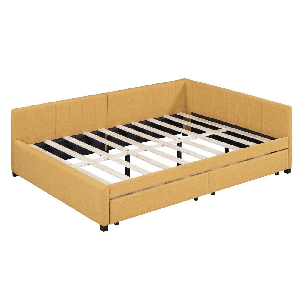 Full Size Daybed Upholstered Bed Frame Sofa Bed w/ 2 Storage Drawers Yellow