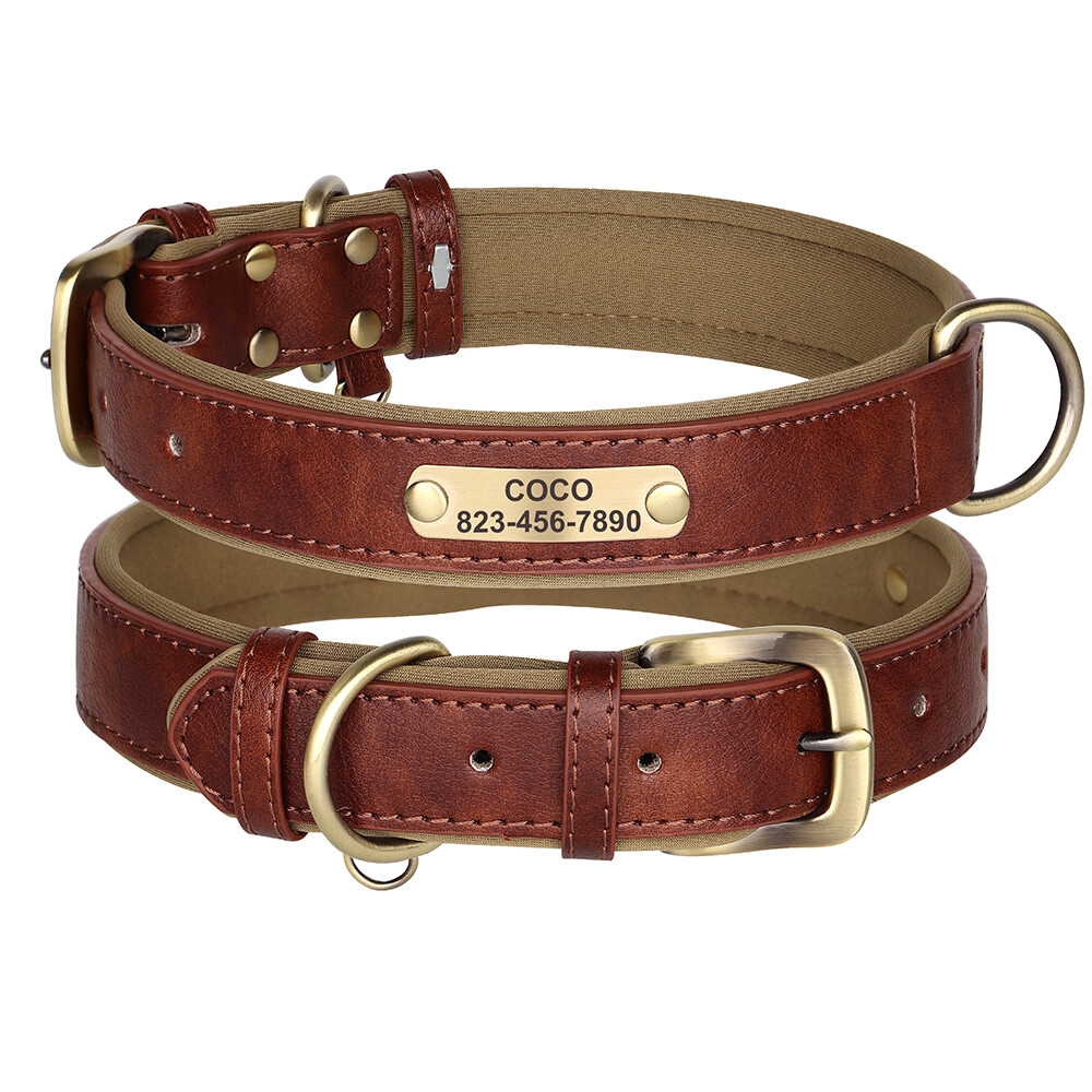Soft Leather Personalized Dog Collar Custom Name ID Engraved for Small Large Dog