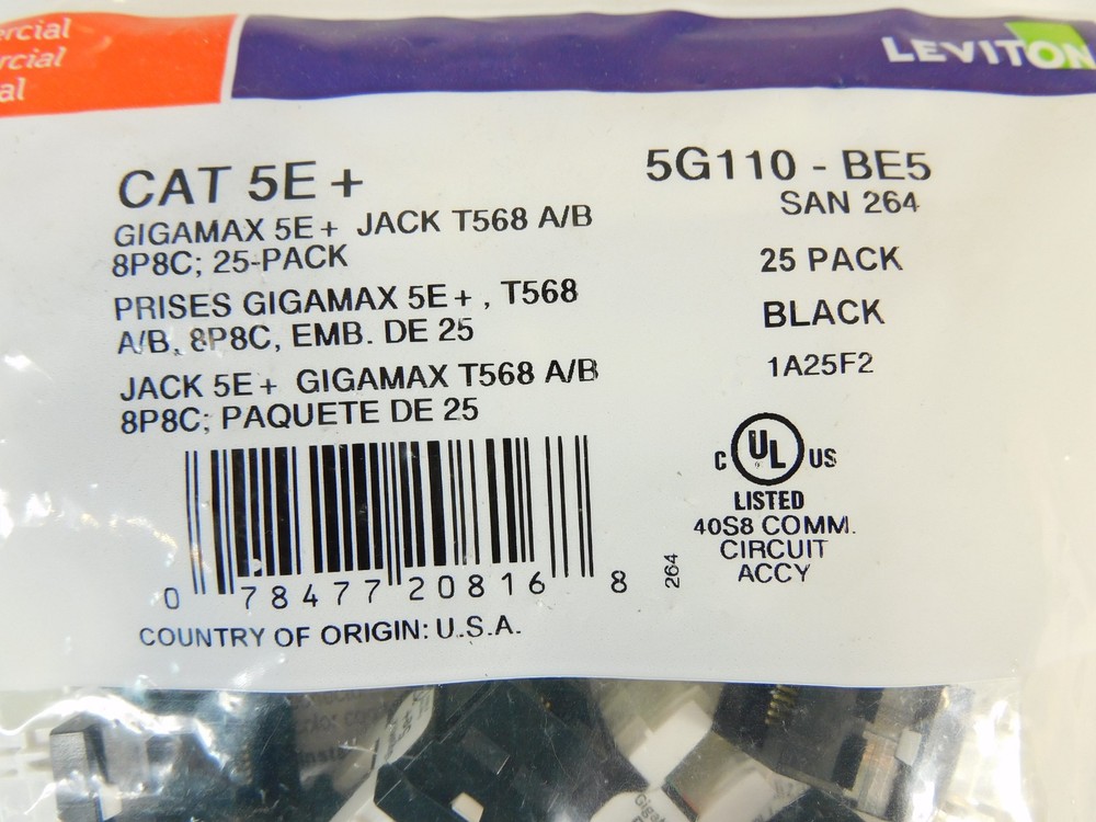 5G110-BE5 Leviton Extreme Cat5e+ Quickport Jack Quickpack - 25-Pack - Black