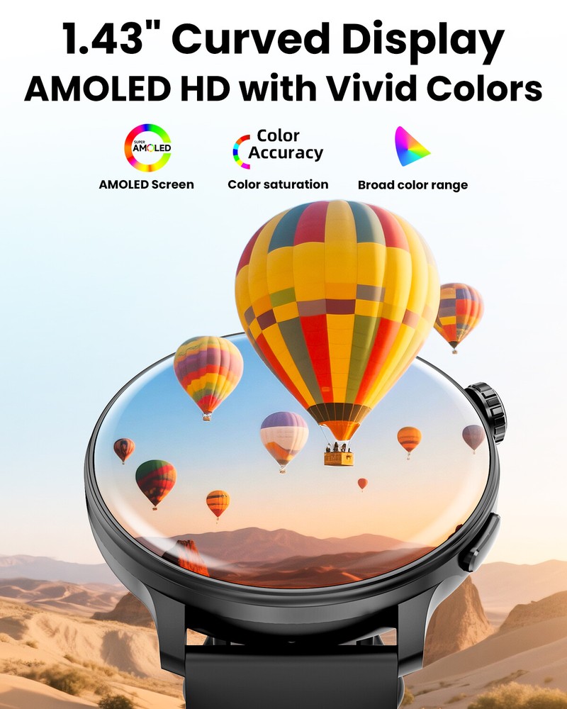 1.43" HD Smart Watch For Android iOS AMOLED Display 3ATM waterproof Compass GPS