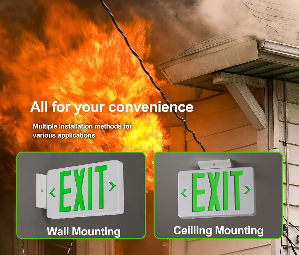 Green Exit Sign with 1.0 Meter Plug in Cord, Plug in Exit Sign with Battery Back