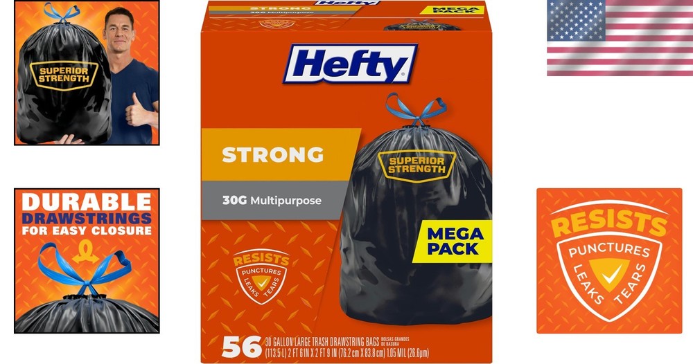 Durable Black 30 Gallon Drawstring Trash Bags - 56 Pack, Leak & Tear Resistant