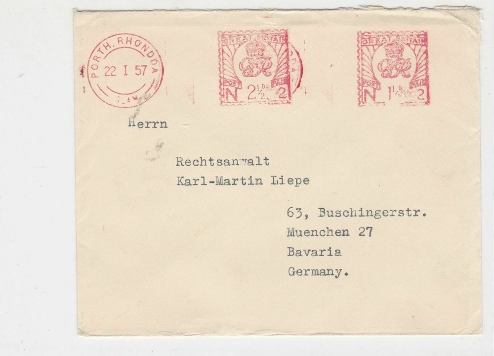 British 1957 machine cancel  stamps cover ref 21607