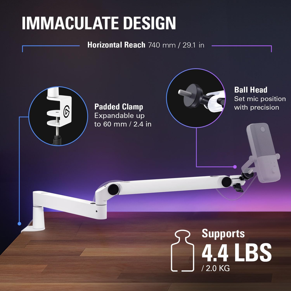 Wave Mic Arm LP White - Premium Low Profile Microphone Arm with Cable Management