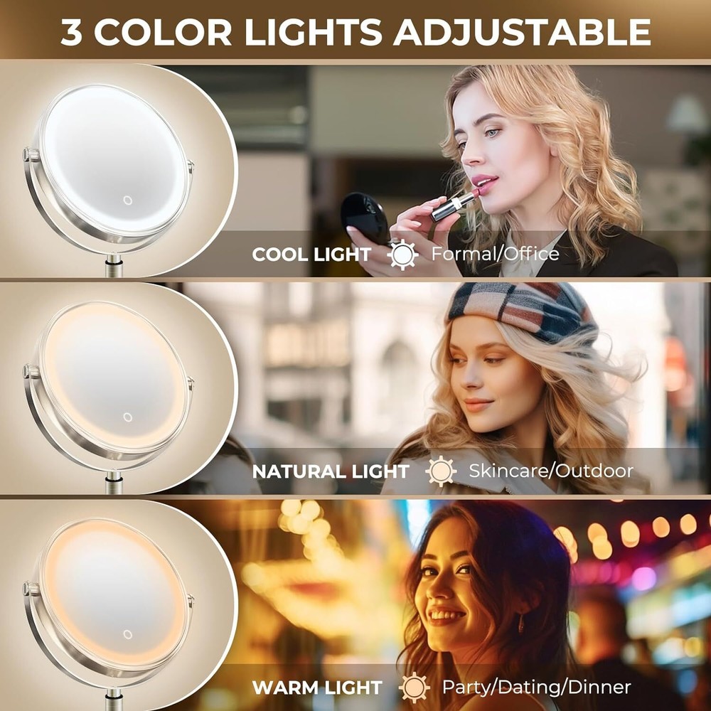 9" Wall Mounted Lighted Makeup Mirror, 3000mAh Rechargeable Double Sided