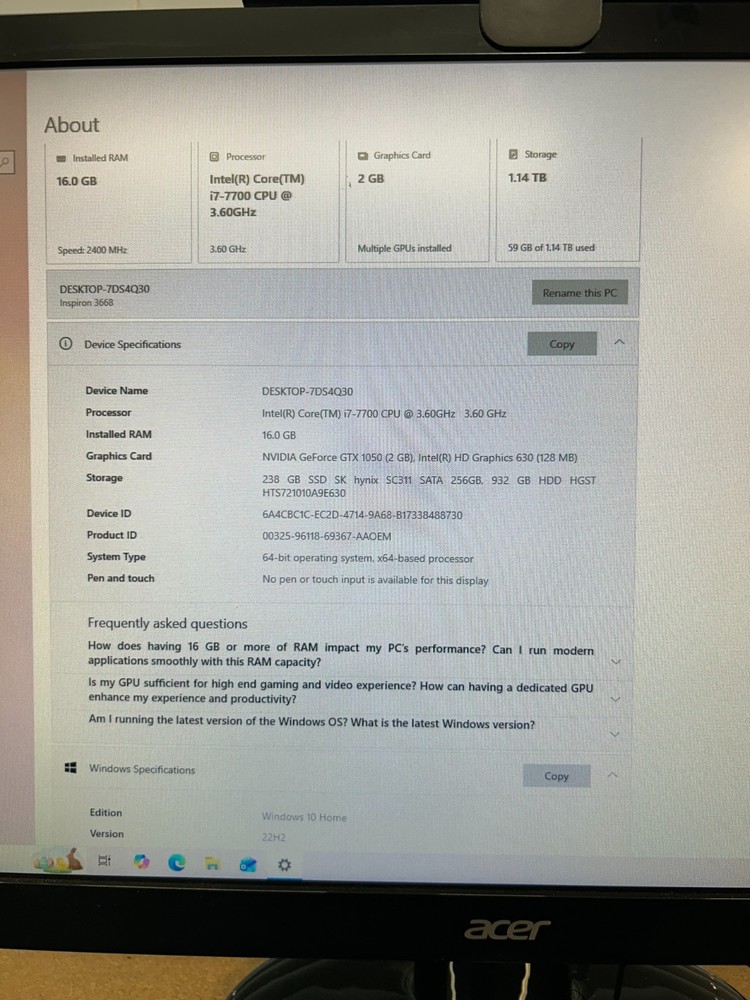 Dell Inspiron Intel Core i7-7700 Desktop PC 3668 WIN 10