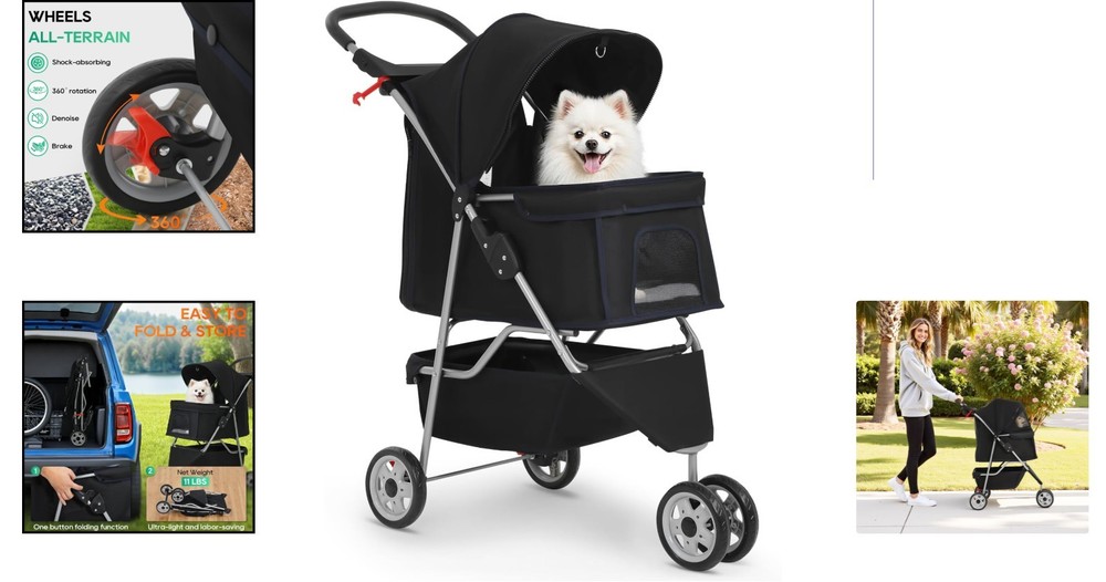 Black Pet Stroller - Waterproof & Foldable Design for Outdoor Adventures