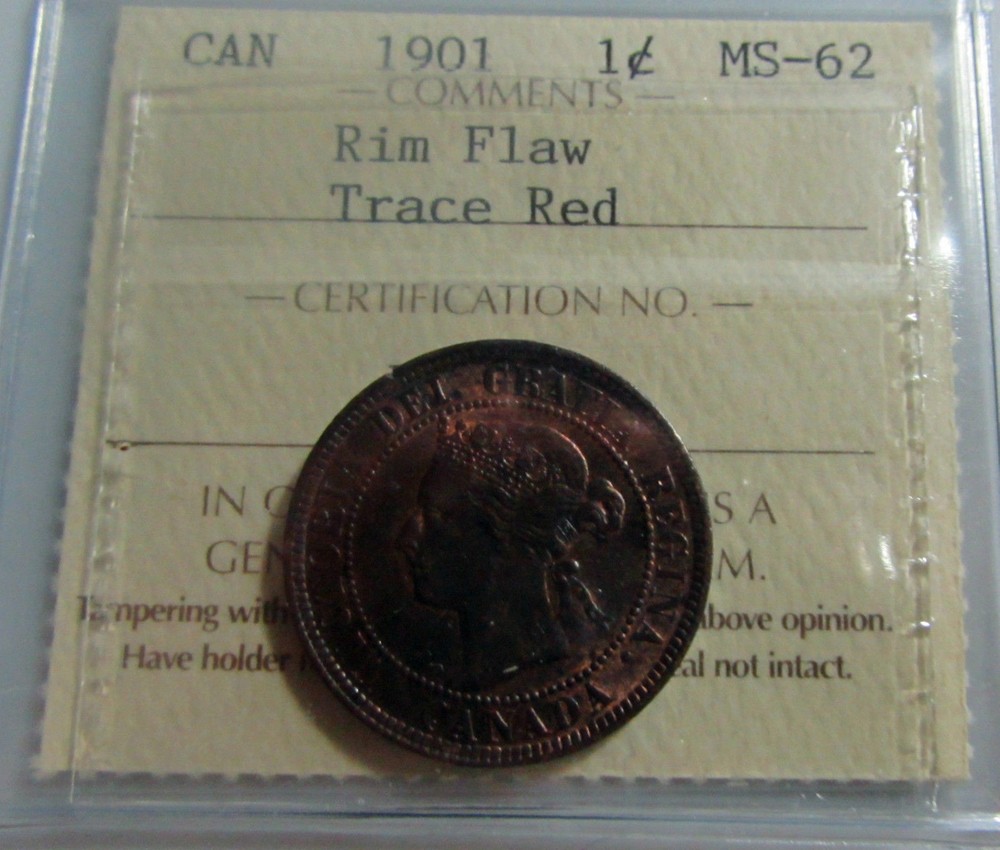 Canada 1901 Large Cent ICCS MS 62 Trace Red  Mint Error  Cracked Planchet