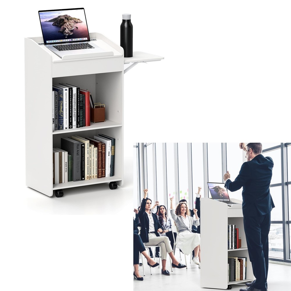 Podium Stand Floor-Standing Lectern with Side Table and Wheels Movable Hostes...