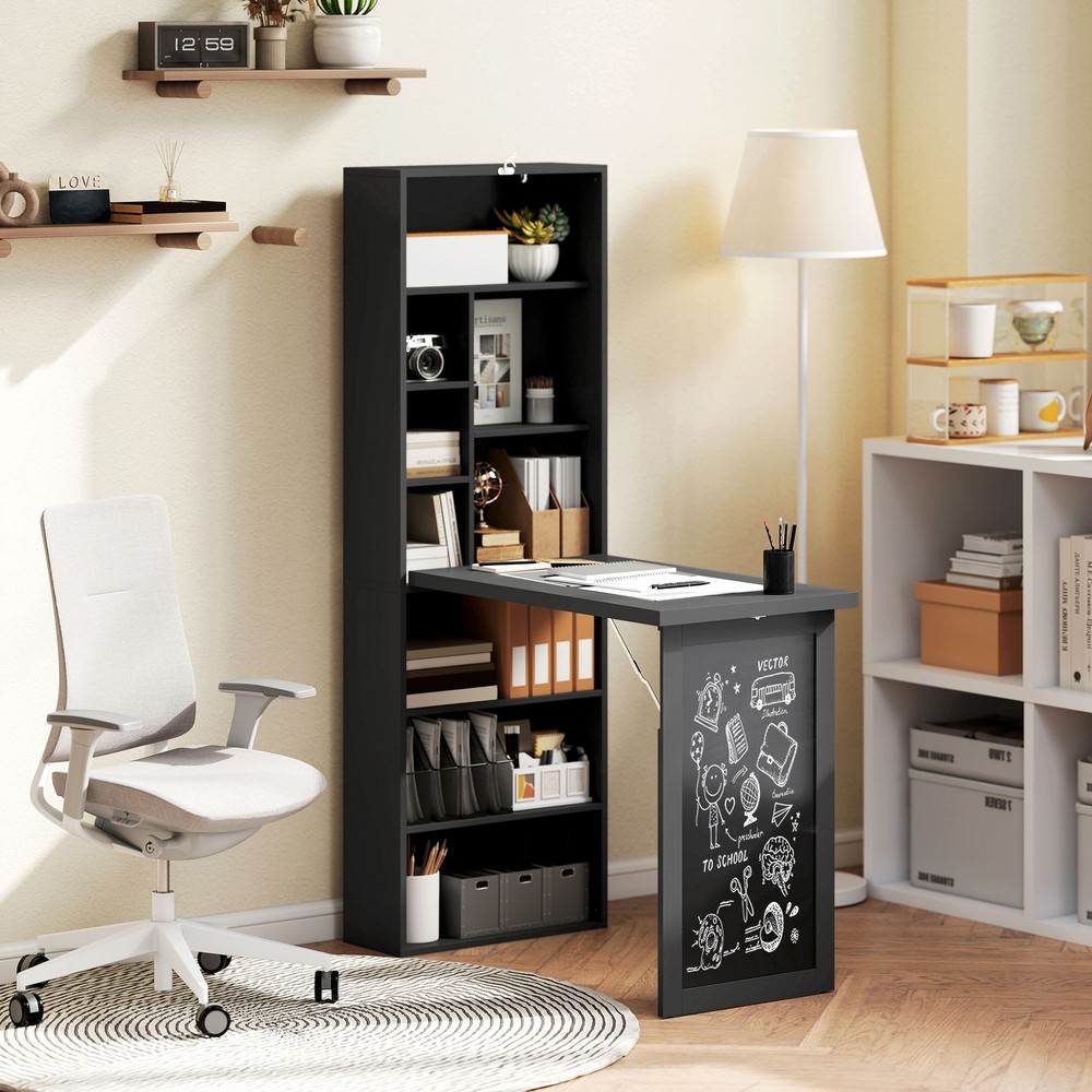 Convertible Desk with Chalkboard & Shelf Multi-Use Computer Workstation, Black