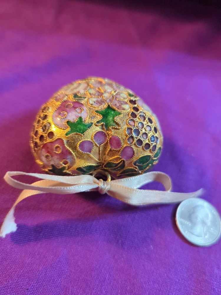 Cloisonne Enamil Heart Ornament, Fruit Pattern, With Pink Bow