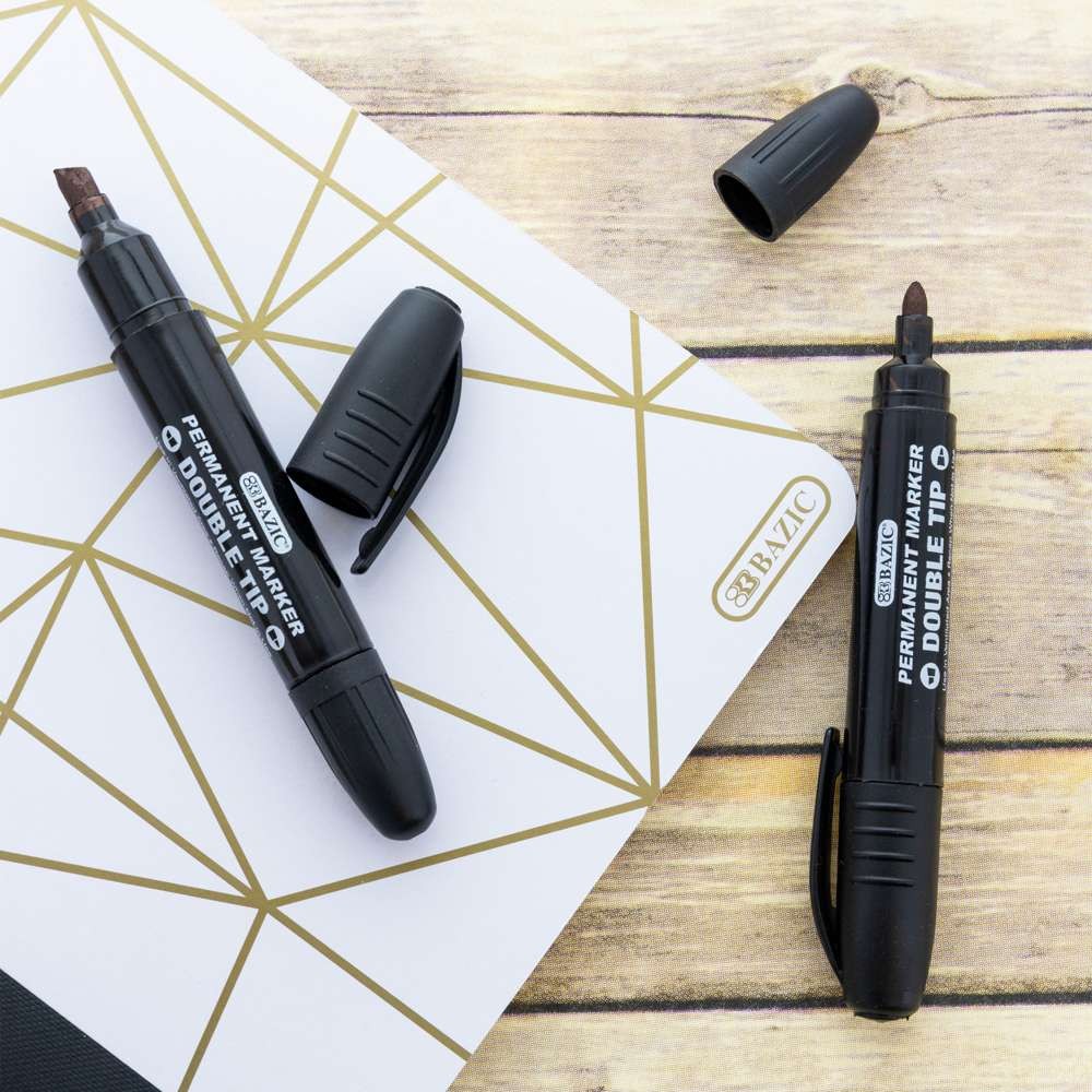 BAZIC Permanent Marker Dual Fine Tip Chisel Point Black Marker (2/Pack), 24-Pack