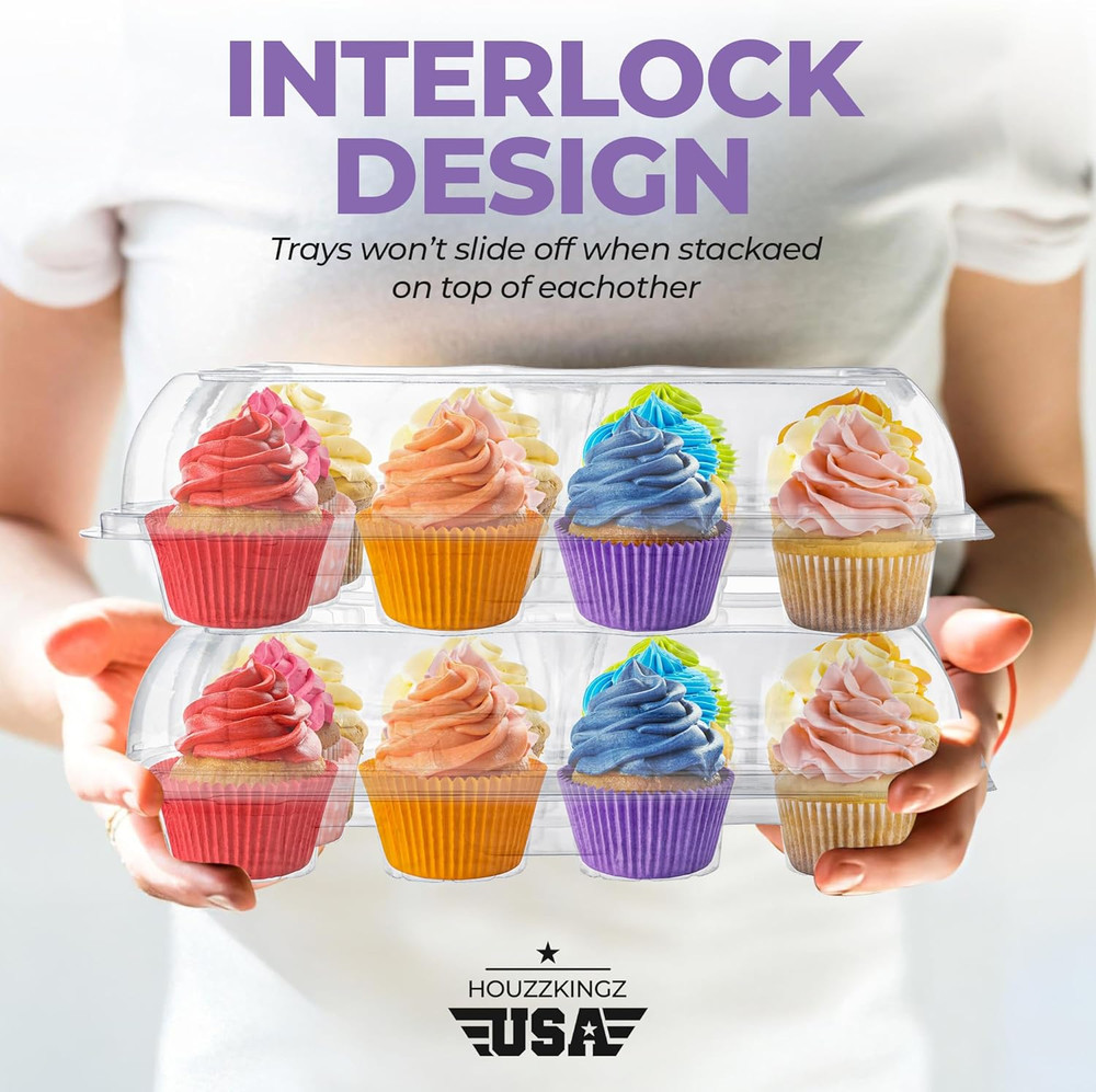 Plastic Cupcake Containers Boxes | 12 Compartment – 8 Pack | Disposable High Dom