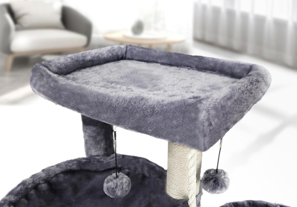 Three Layer Cat Tree with Cat Condo and Two Hammocks High Quality Faux Fur