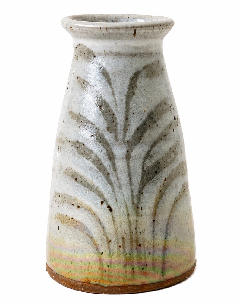 Signed FP Studio Pottery Vase Iridescent Glaze Carved 7”