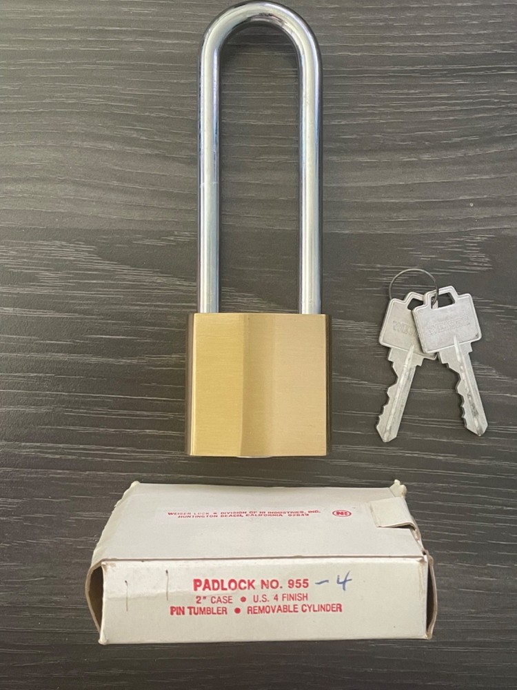 Weiser Lock / Falcon Lock 955-4P Padlock, Solid Brass Body, 4" Shackle, NOS