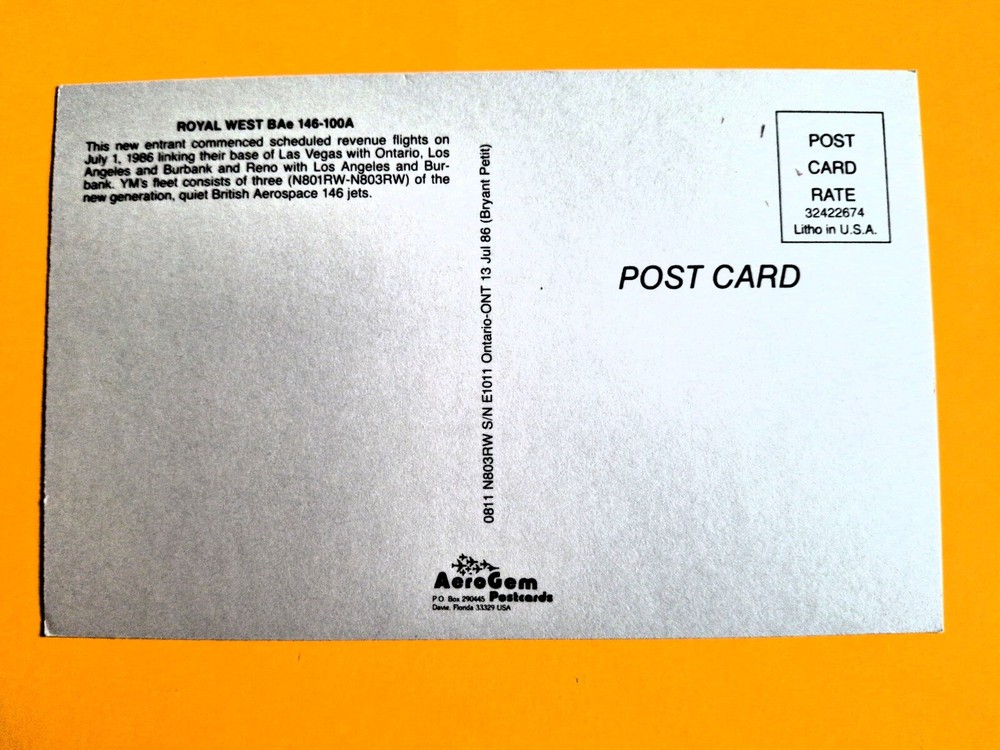 Royal West Airlines Postcard BAE 146-100A