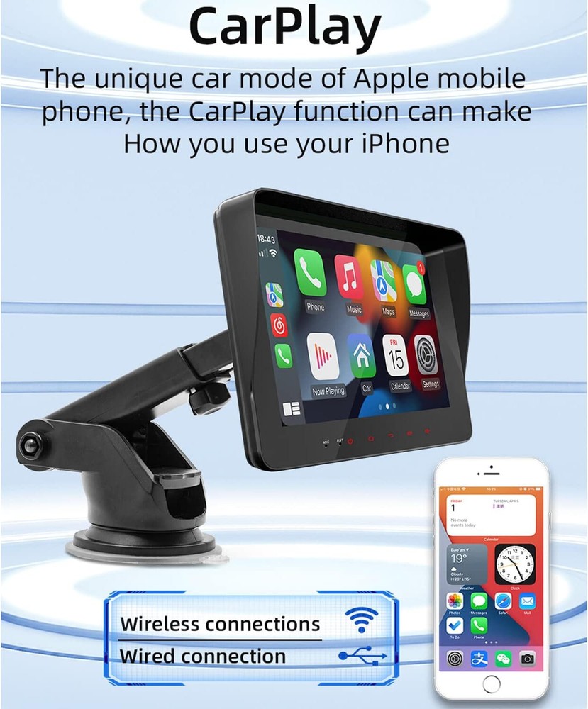Wireless Carplay & Android Auto Portable 7 Inch Touchscreen Car Stereo Bluetooth