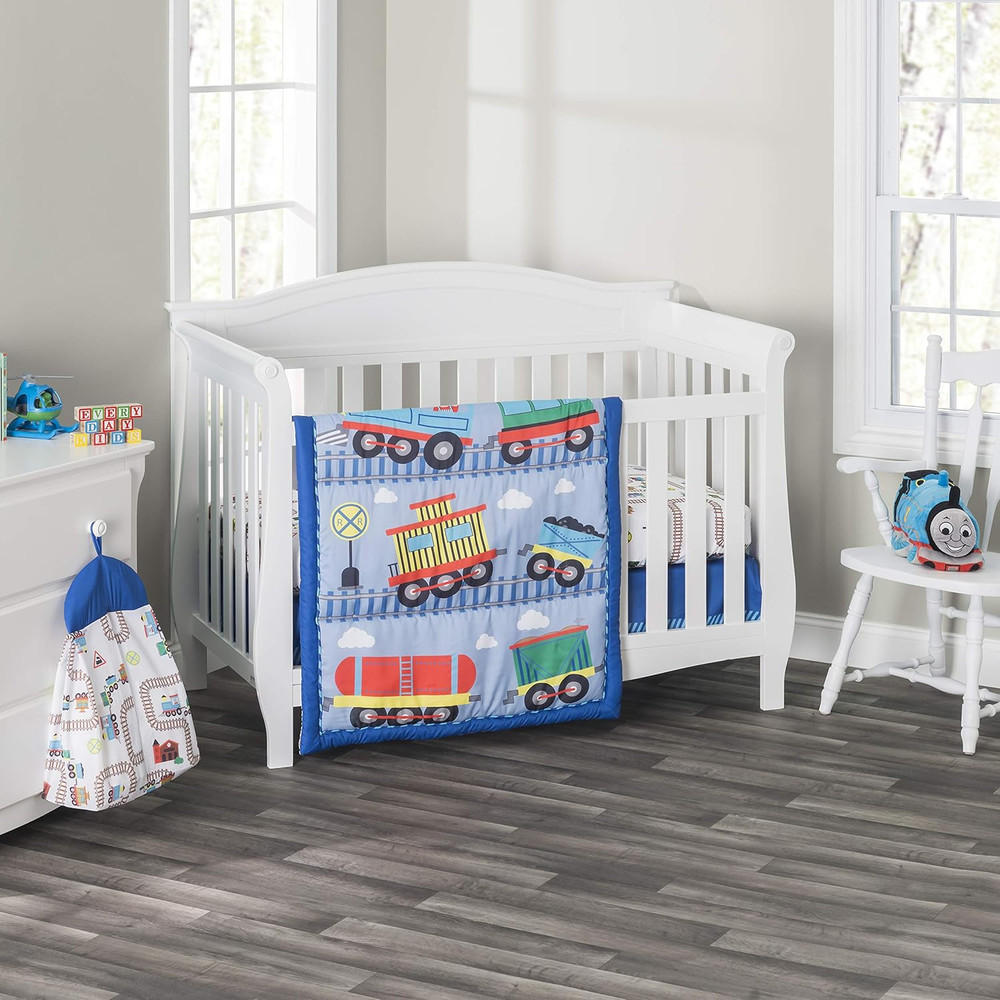 4 Piece Boys Crib Bedding Set - Choo Choo Train - Includes Quilt, Fitted Sheet,
